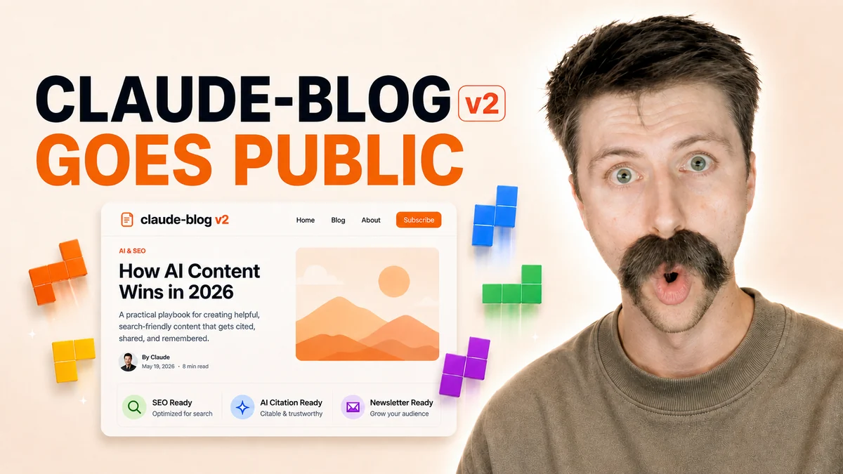 Claude Blog v2 public release cover with an article preview, colorful blocks, and the creator