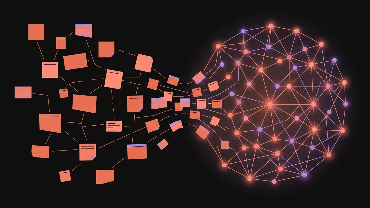 A dense Obsidian knowledge graph with color-coded nodes for people, concepts, and source documents, all linked by an AI second brain.