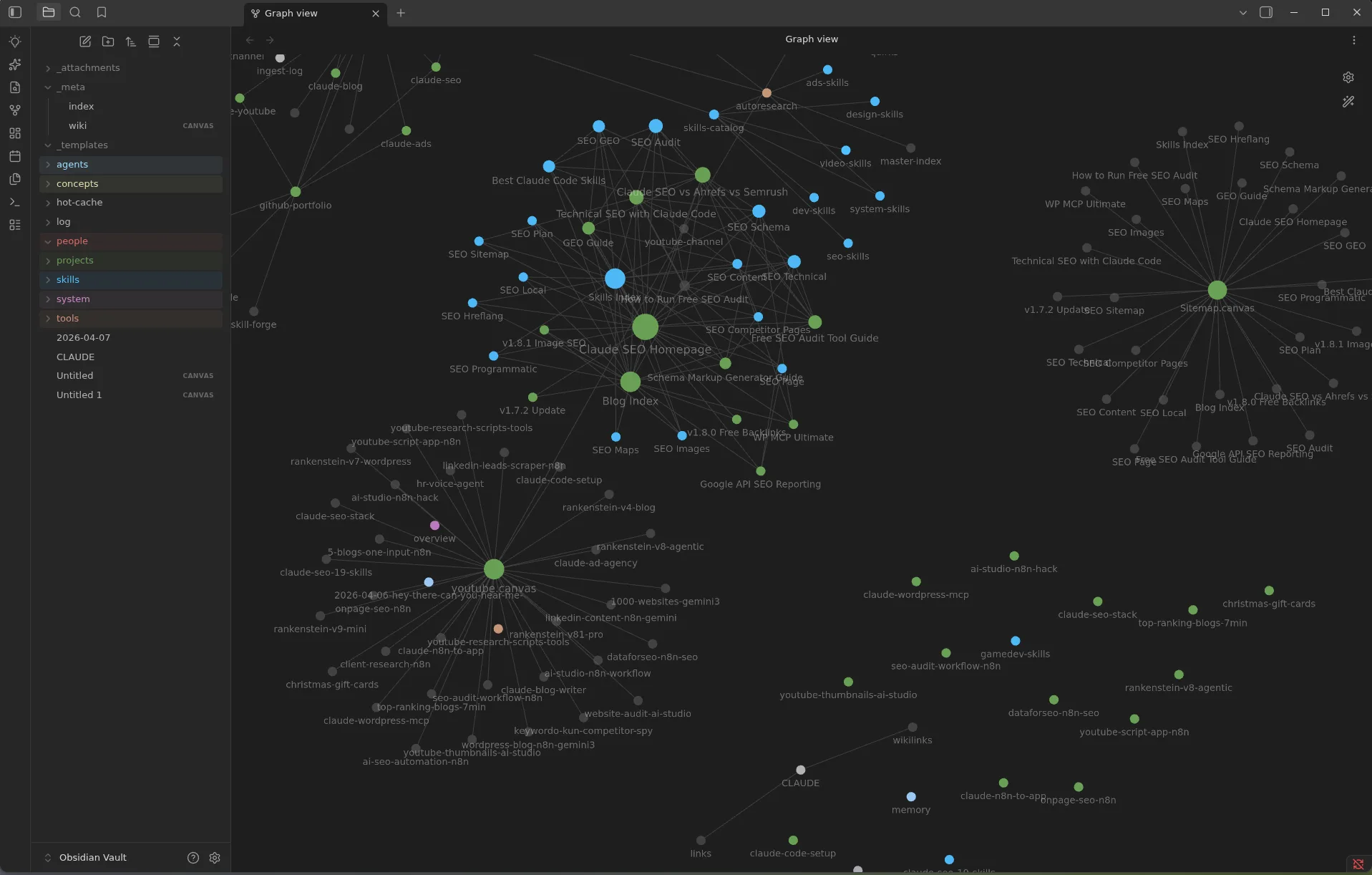Obsidian graph view showing hundreds of color-coded wiki nodes created by claude-obsidian