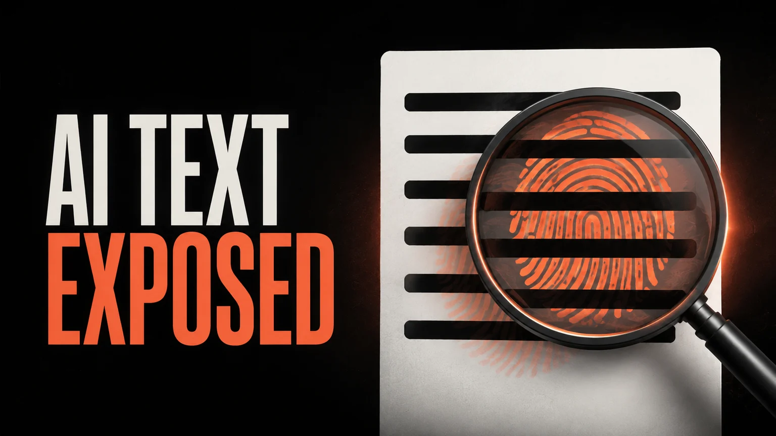 Cover art titled AI TEXT EXPOSED with a magnifying glass revealing a glowing coral fingerprint hidden in a document of AI-generated text on a dark background