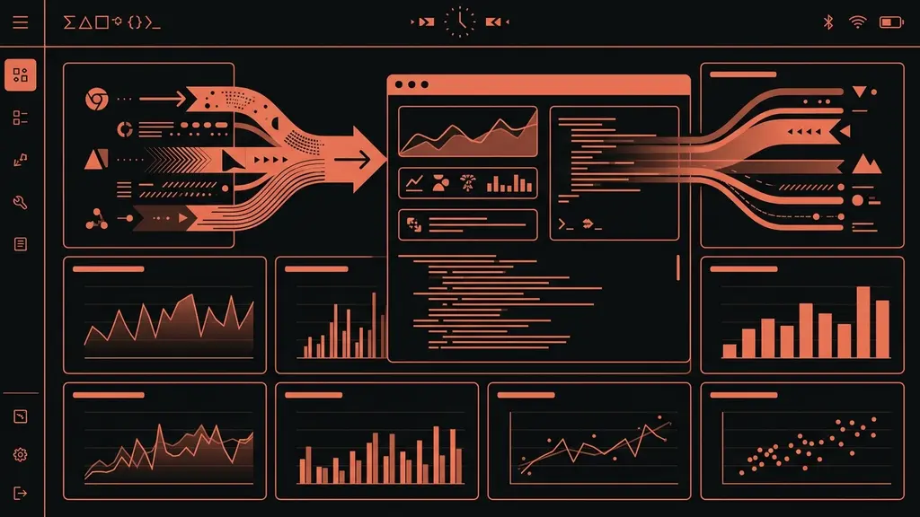 Google API data streams flowing into a terminal interface with search console metrics and web vitals visualizations