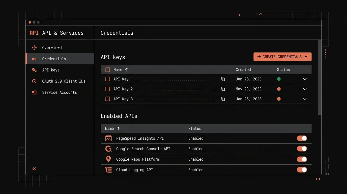 Google Cloud Console API credentials dashboard showing API key creation and enabled APIs list
