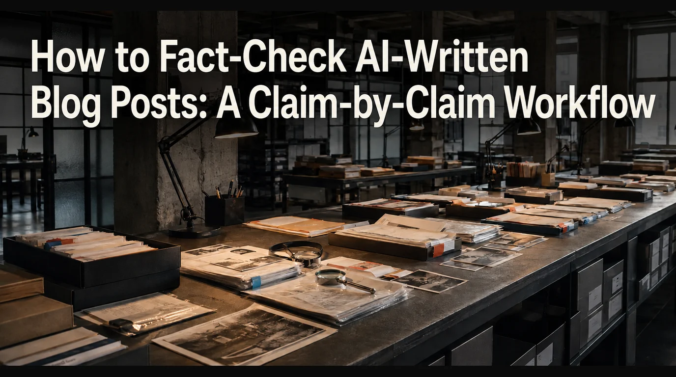 How to Fact-Check AI-Written Blog Posts: A Claim-by-Claim Workflow above evidence packets and magnifying glasses on an archive table
