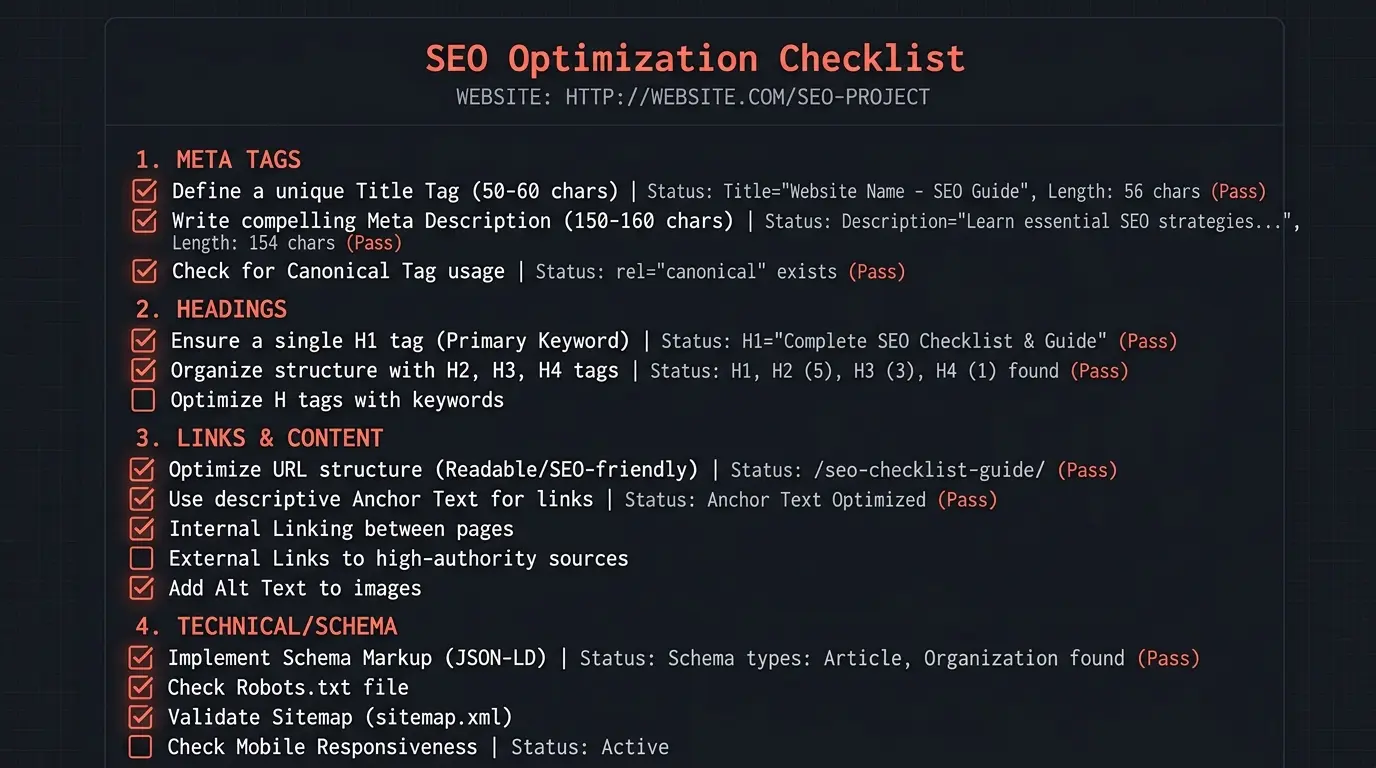 Blog SEO checklist with on-page, technical, content, and AI citation categories