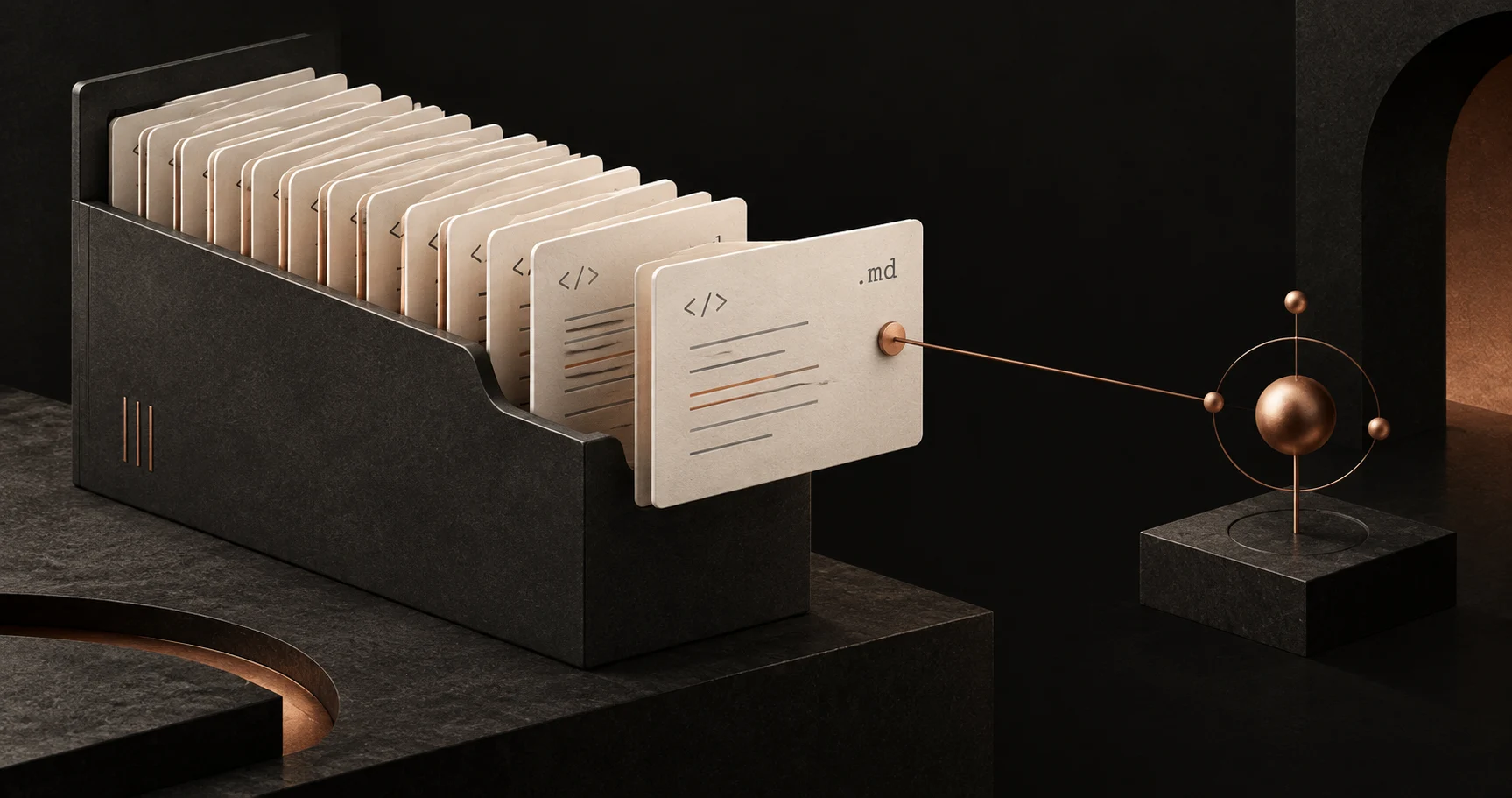 Conceptual illustration of Markdown cards in a charcoal vault connected to an agent node